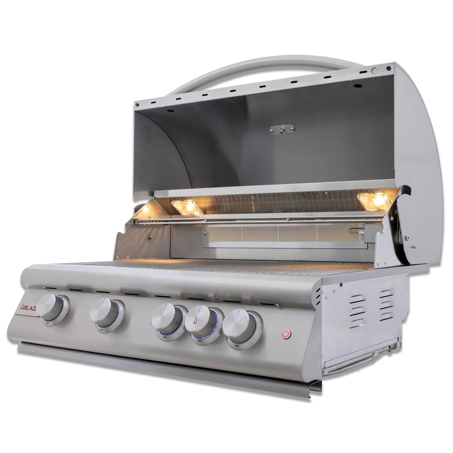 Blaze BLZ-4LTE3-LP Premium LTE+ 32-Inch 4-Burner Built-In Propane Grill With Rear Infrared Burner & Lift-Assist Hood - Angled View - Open - White Background