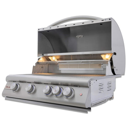 Blaze BLZ-4LTE3- Premium LTE+ 32-Inch 4-Burner Grill With Rear Infrared Burner & Lift-Assist Hood - Angled View - Open - White Background