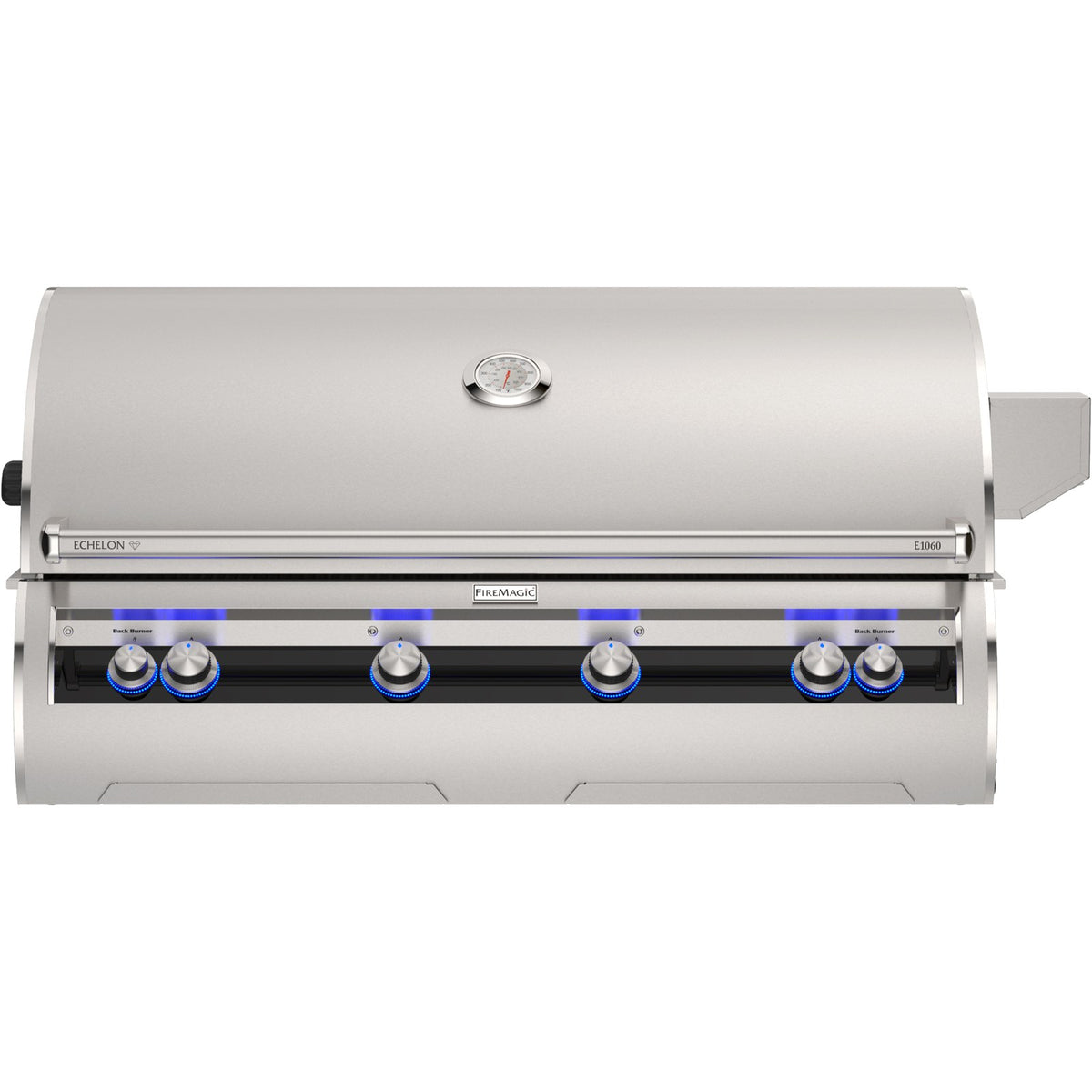 Fire Magic E1060i front view with analog hood thermometer and solid stainless steel hood