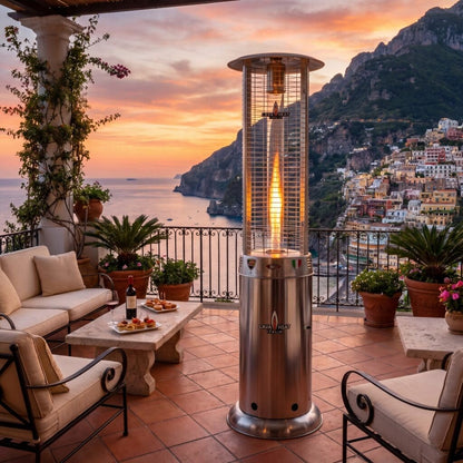 Lava Heat Opus Lite Round Flame Tower Heater 80.5-inch 44 K BTU Electronic Ignition Stainless Steel Liquid Propane - RL7MPS - Outdoor Evening View