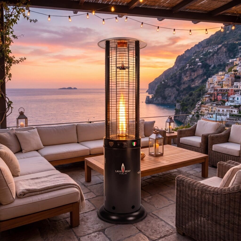 Lava Heat Opus Lite Round Flame Tower Heater 80.5-inch 44 K BTU Electronic Ignition Hammered Black Liquid Propane - RL7MPBL - Outdoor Evening View
