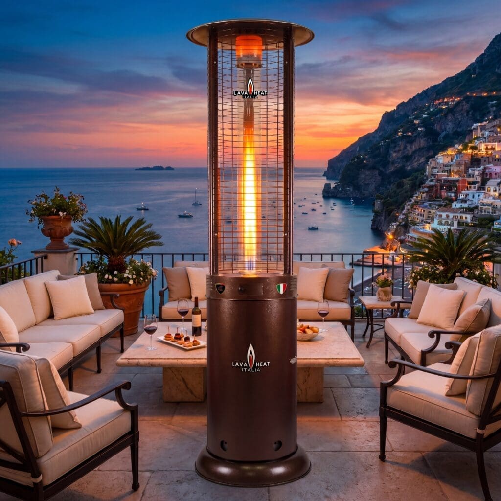 Lava Heat Opus Lite Round Flame Tower Heater 80.5-inch 44 K BTU Electronic Ignition Heritage Bronze Natural Gas - RL7MGB - Evening View