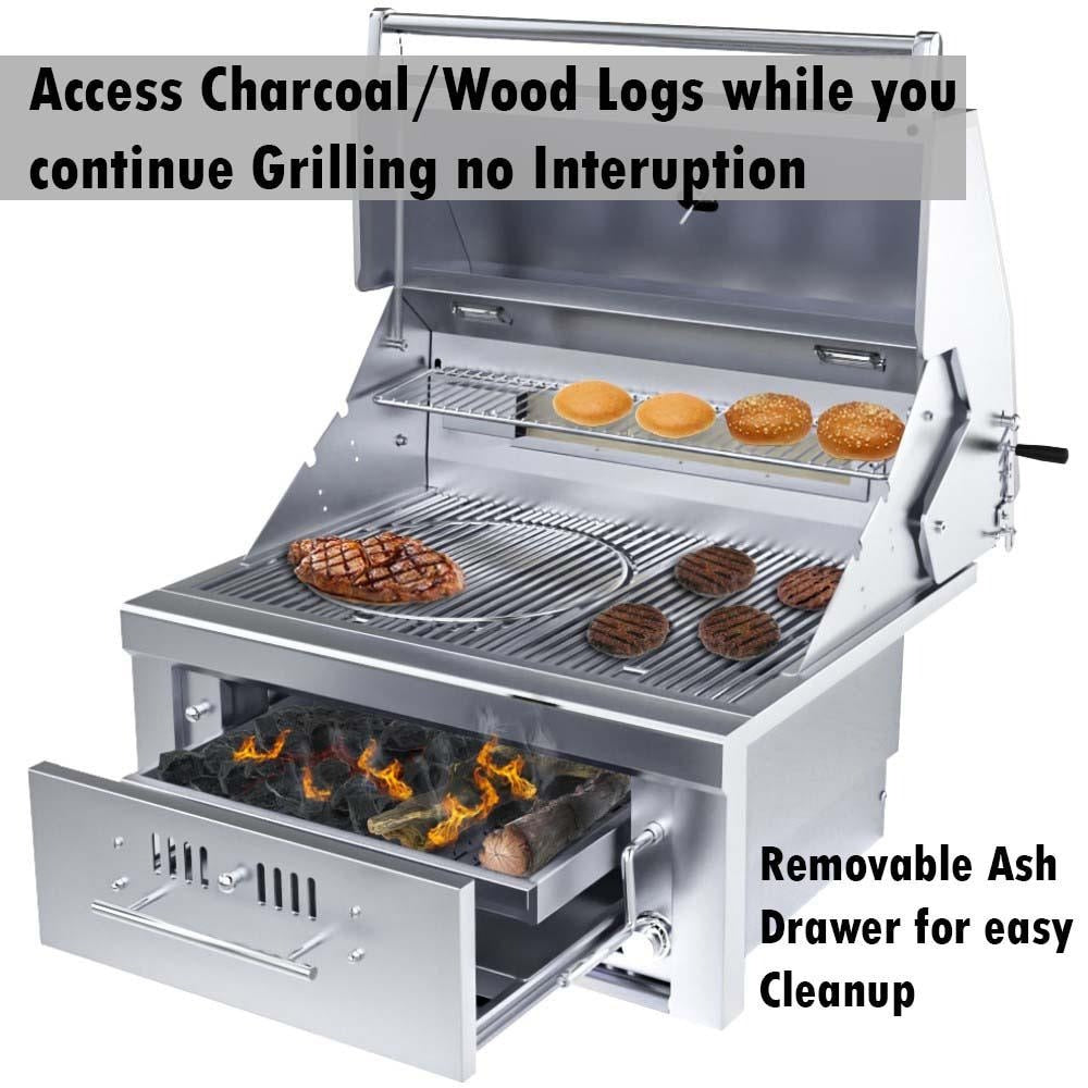 Sunstone 30-inch hybrid grill (SUNCHSZ30IR-LP), charcoal and wood drawer open while food grills above