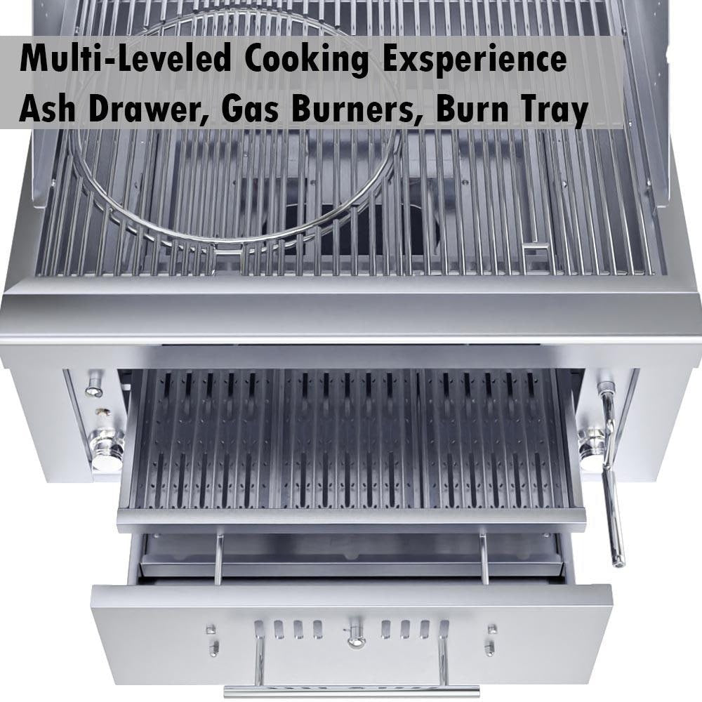 Sunstone 30-inch hybrid grill (SUNCHSZ30IR-LP), grates, burn tray and ash drawer cooking levels