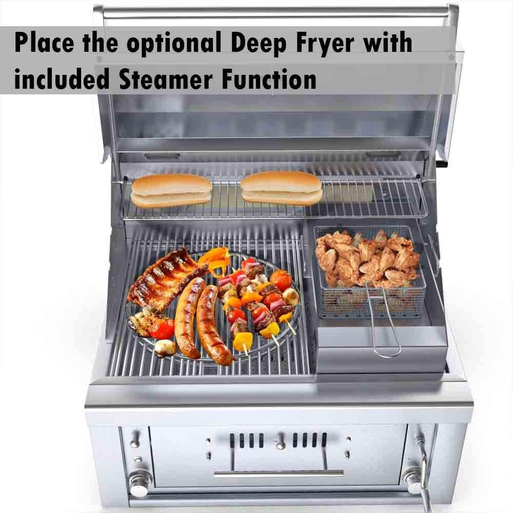 Sunstone 30-inch hybrid grill (SUNCHSZ30IR-LP), optional deep fryer insert on the cooking grates