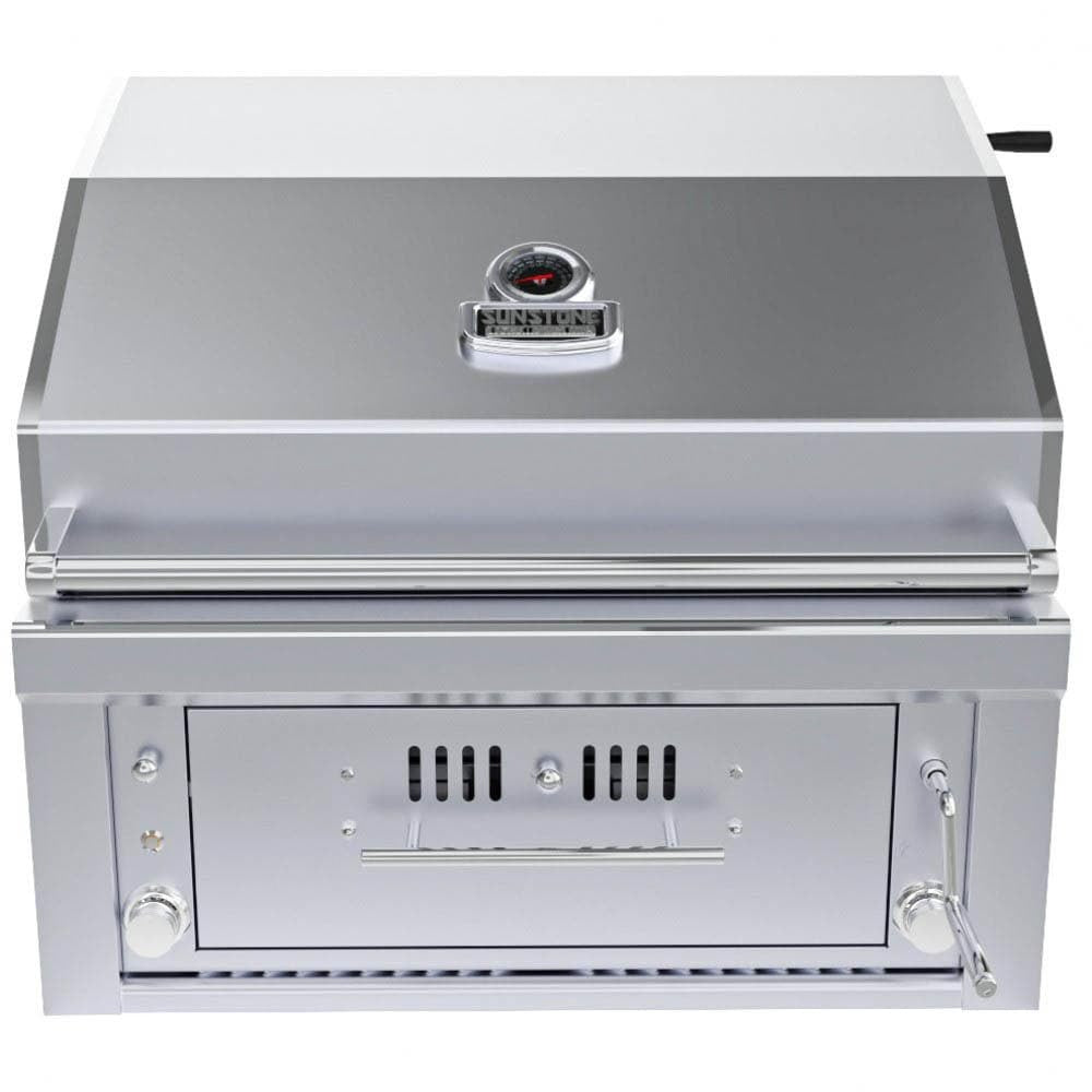 Sunstone 30-inch hybrid grill (SUNCHSZ30IR-LP), front view with hood and charcoal drawer closed