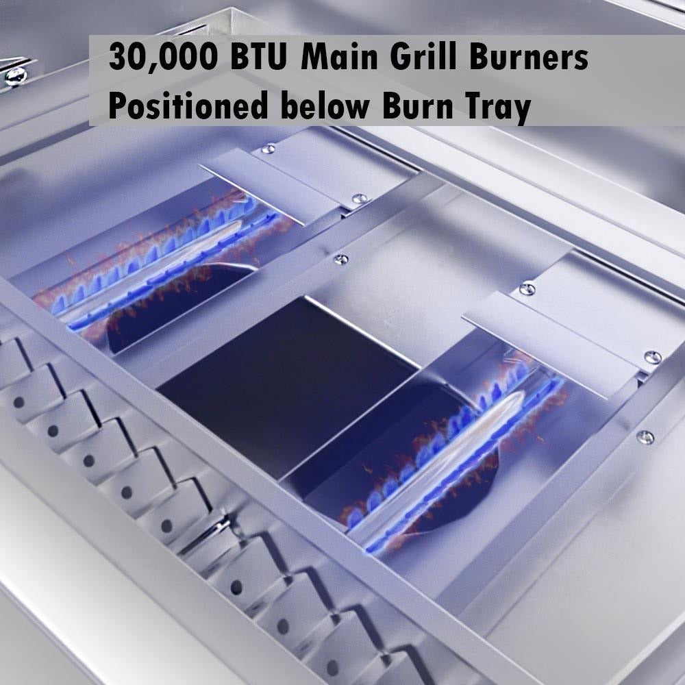 Sunstone 30-inch hybrid grill (SUNCHSZ30IR-LP), 30,000 BTU main gas burners below the burn tray
