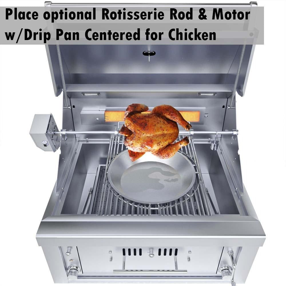 Sunstone 30-inch hybrid grill (SUNCHSZ30IR-LP), optional rotisserie rod and motor with drip pan