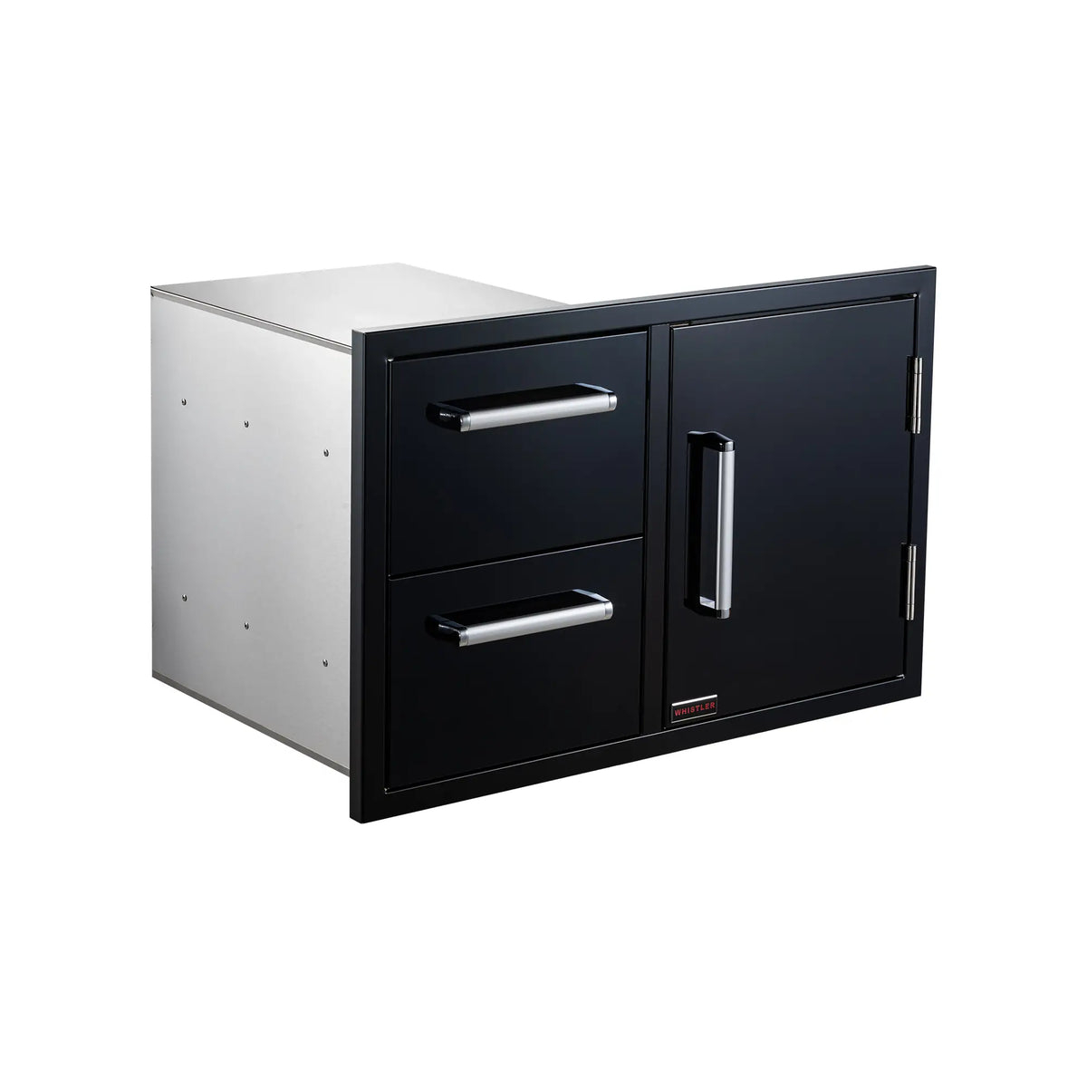 Whistler Grills black stainless door and double drawer combo CBADC-B, angled view, closed