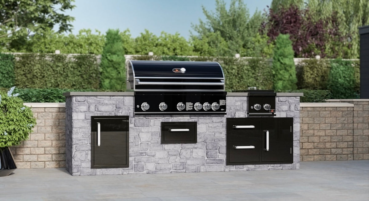 Whistler Grills black stainless door and double drawer combo CBADC-B, installed in a stone outdoor kitchen island
