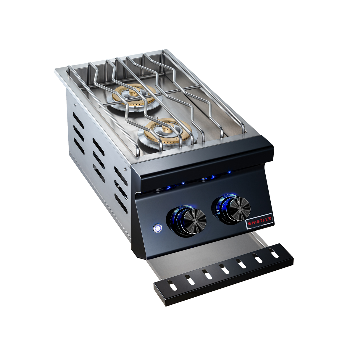 Whistler Grills black double side burner CBADSB-B, angled view, lid open
