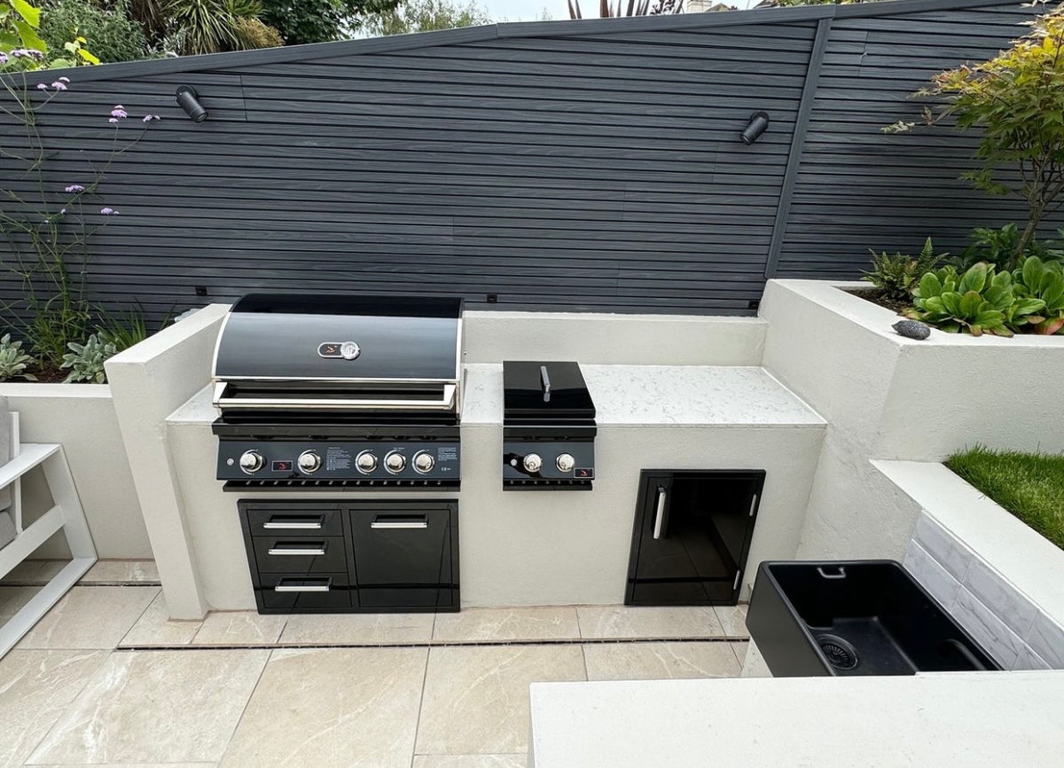 Whistler Grills black double side burner CBADSB-B, installed in an outdoor kitchen island