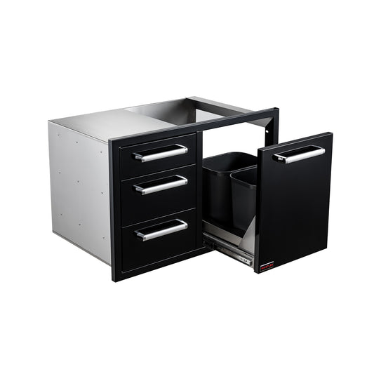 Whistler Grills black stainless door and triple drawer combo CBATDT-B, angled view, trash bin compartment open
