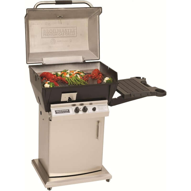 Broilmaster Q3X Qrave Propane Gas Grill On Stainless Steel Storage Cart