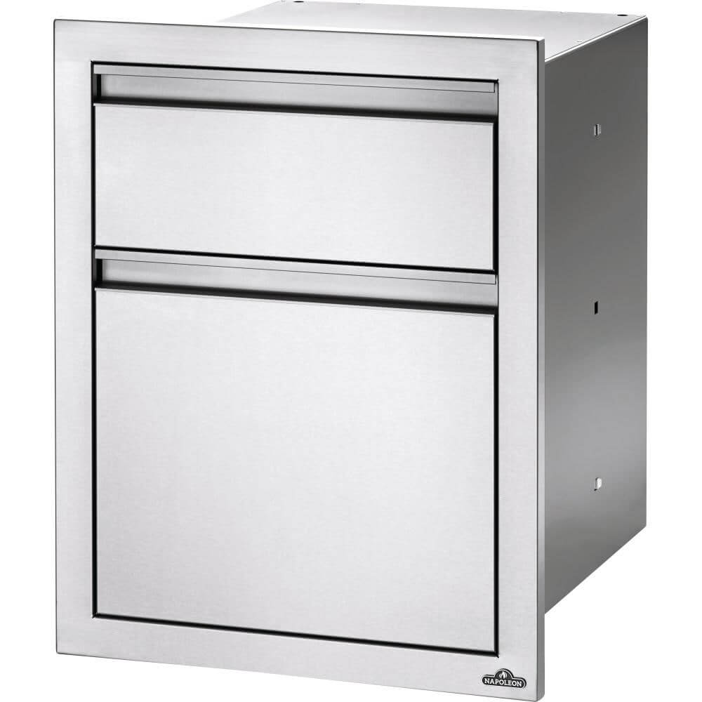 Napoleon 18-Inch Stainless Steel Double Waste Bin Drawer With Paper Towel Holder - BI-1824-1W  Angled View