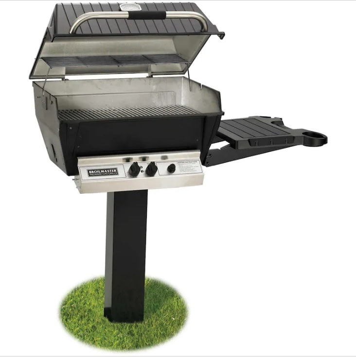 Broilmaster H3 Deluxe Natural Gas Grill On Black In-Ground Post With Black Drop Down Side Shelf - H3PK2N- Full Grill View