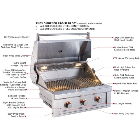Sunstone Ruby 3 Burner Prosear 30-Inch Ruby3B - M&K Grills