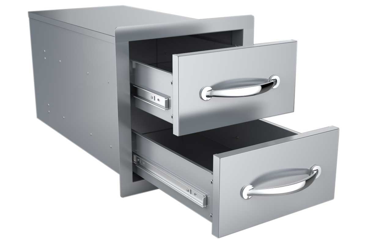 Sunstone 14" Flush Double Access Drawer - B-DD12 - Metal cabinet with two drawers partially open.