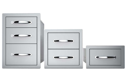 Sunstone 14" Flush Double Access Drawer - B-DD12 - Three metal cabinets of different sizes, one drawer open.