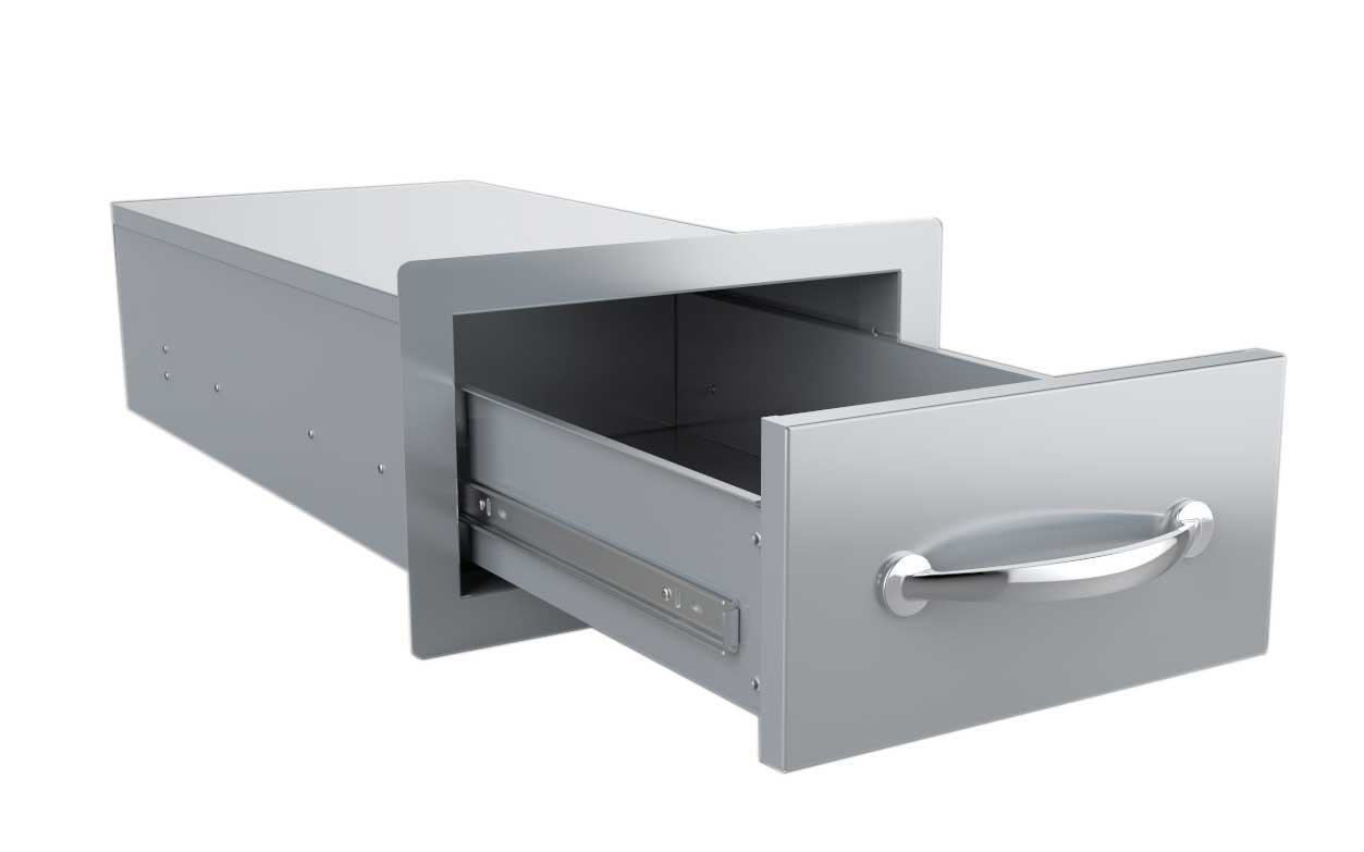 Sunstone 14" Flush Single Access Drawer - B-SD6 - Open metal drawer showing interior and sliding mechanism.