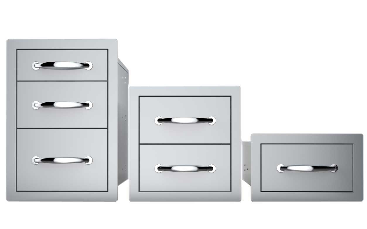 Sunstone 14" Flush Single Access Drawer - B-SD6 - Three metal drawers of different sizes, one fully open