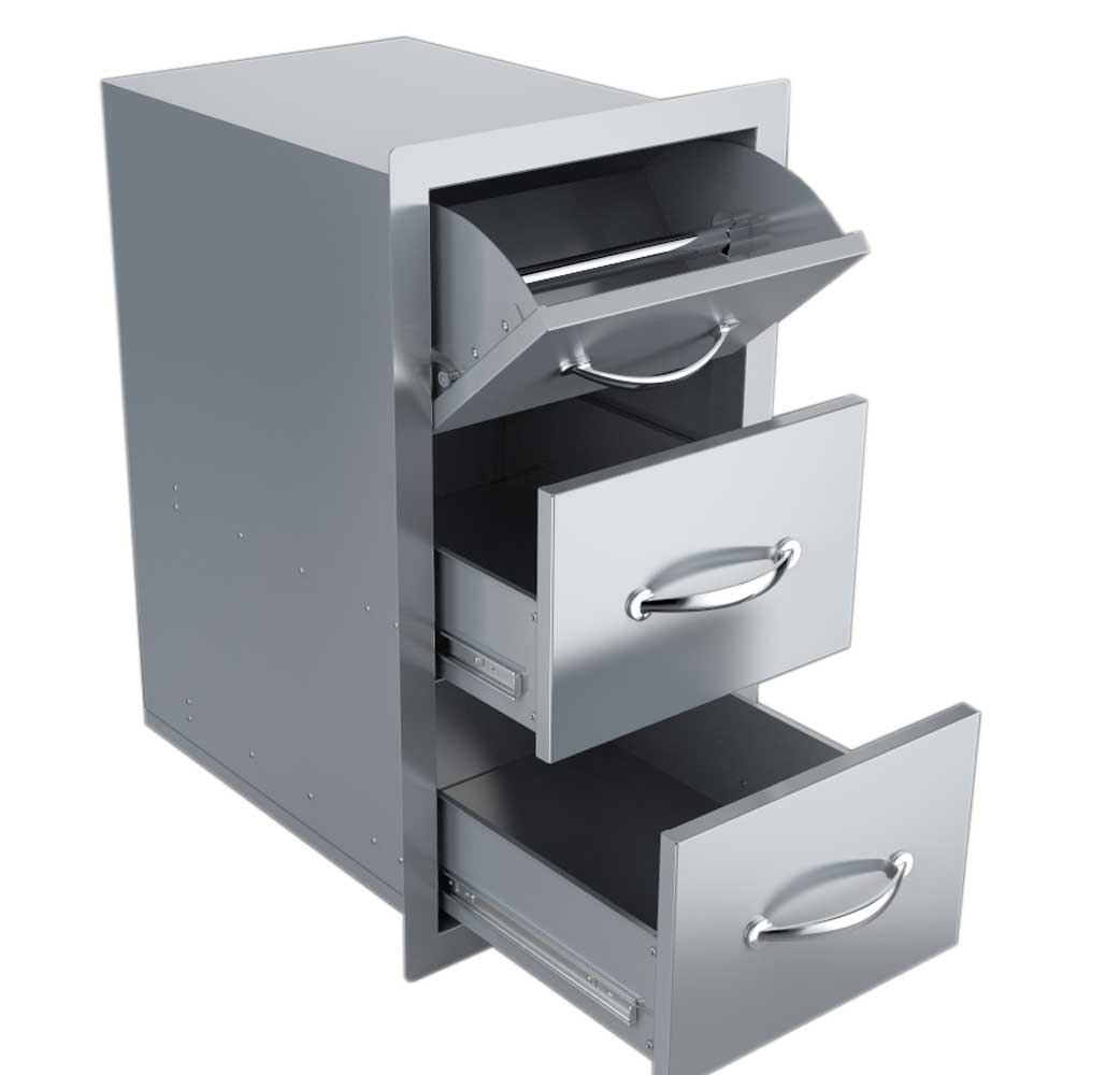 Sunstone 17" Flush Drawer & Paper Holder Combo - A-DPCF - Three-drawer metal cabinet with partially open drawers.