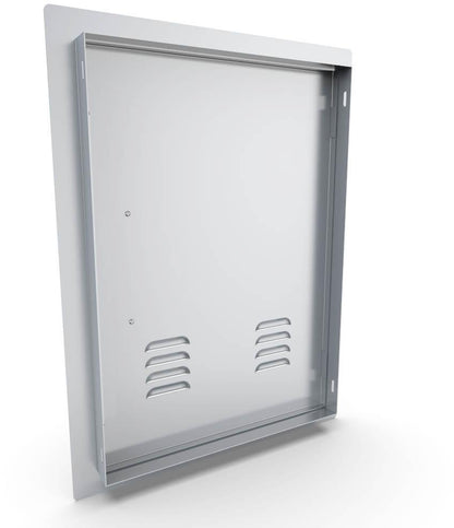 Sunstone 17" x 24" Left Swing Vertical Vented Door - A-DV1724-L - Back view of stainless steel vented door with frame.