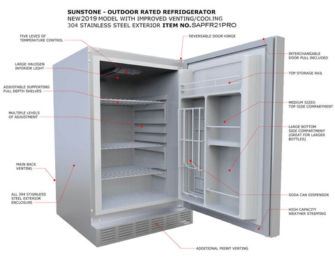 Sunstone 21" 304 Stainless Steel Outdoor Rated Refrigerator - SAPFR21PRO