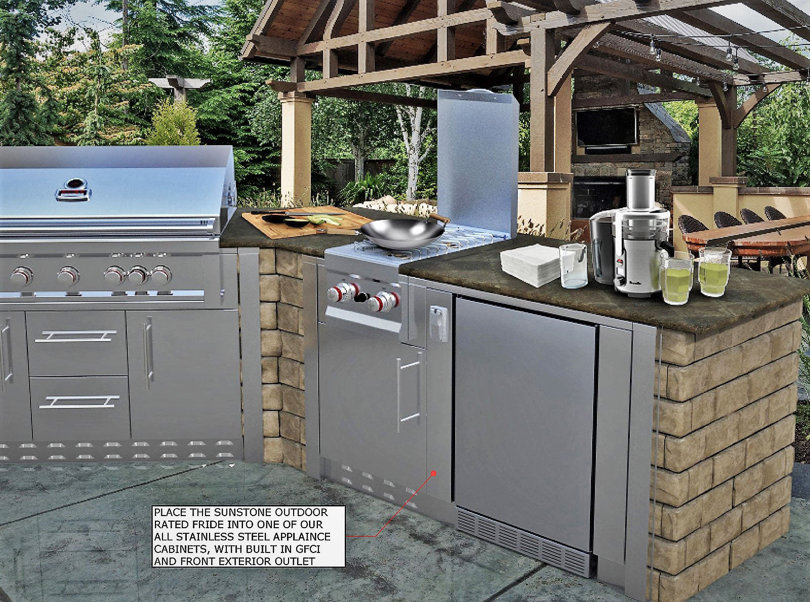 Sunstone 21" 304 Stainless Steel Outdoor Rated Refrigerator - SAPFR21PRO - Outdoor kitchen with stainless steel fridge.