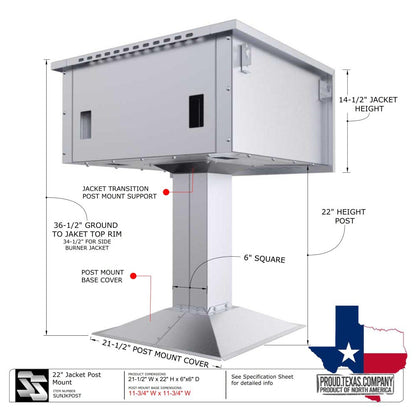 Sunstone 22" Post Mount for the Appliance Jackets - SUNJKPOST - Dimensions