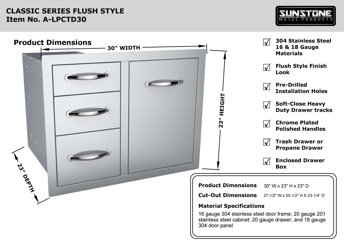 Sunstone 30" Triple Drawer Propane Tank Drawer w/Trash Bag Ring - A-LPCTD30 - Dimensions and features