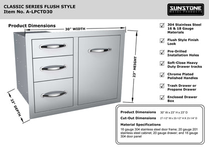 Sunstone 30" Triple Drawer Propane Tank Drawer w/Trash Bag Ring - A-LPCTD30 - Dimensions and features