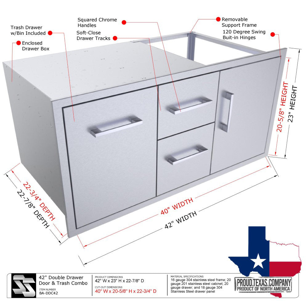 Sunstone 42" Beveled Style Double Drawer & Door Combo w/Removable Support Frame - BA-DDC42 - Labeled dimensions