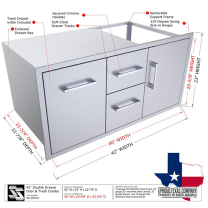 Sunstone 42" Beveled Style Double Drawer & Door Combo w/Removable Support Frame - BA-DDC42 - Labeled dimensions