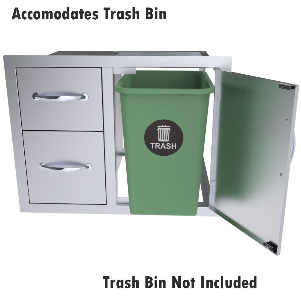 Sunstone Classic Series 30" Double Drawer Door Combo - C-DDC30 - Metal cabinet with door open showing trash bin space.