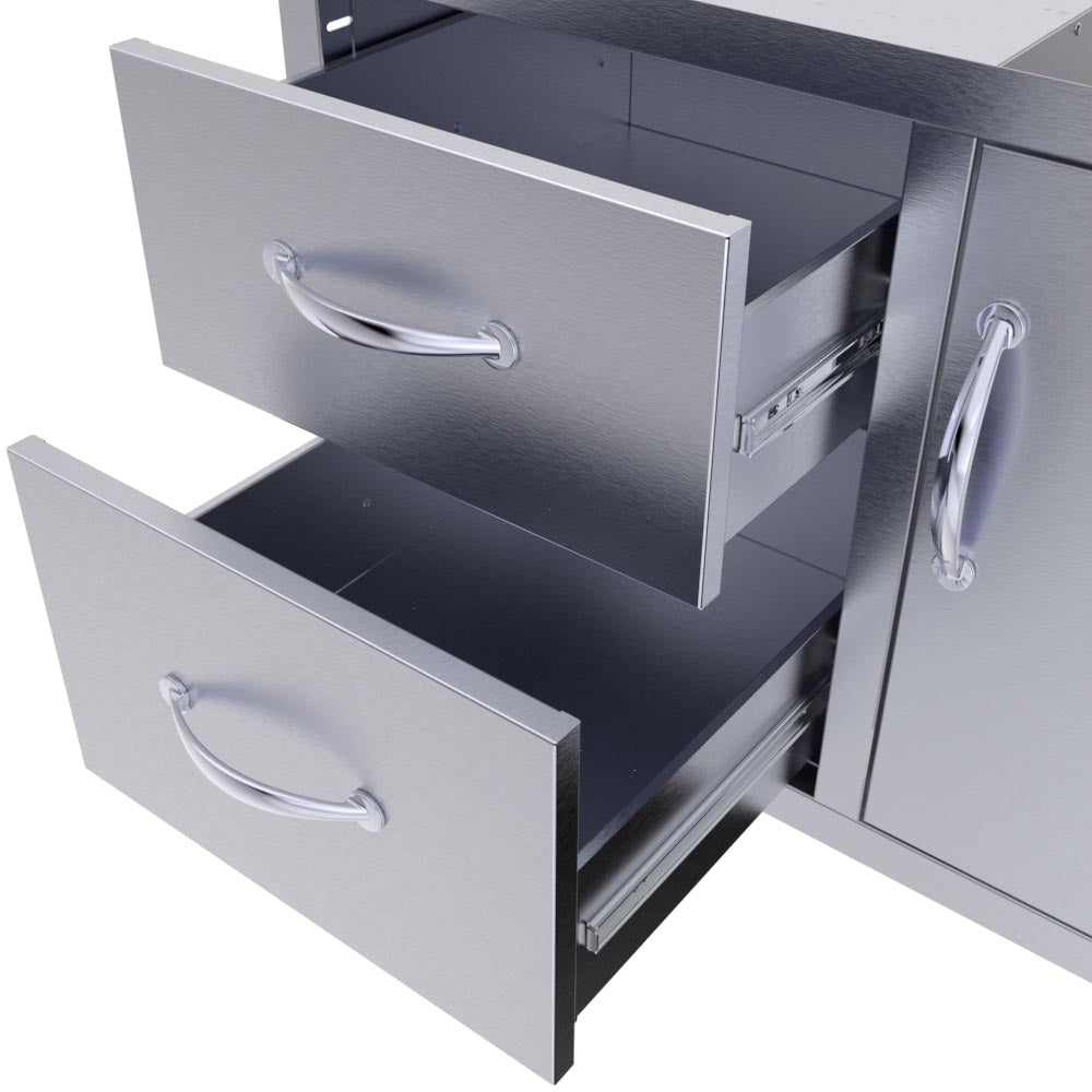 Sunstone Classic Series 36" Double Drawer Door Combo - C-DDC36 - Open drawers of a stainless steel double drawer and door combo