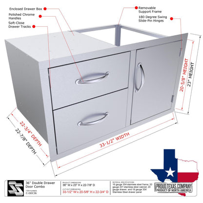 Sunstone Classic Series 36" Double Drawer Door Combo - C-DDC36 - Dimensions and features of a stainless steel double drawer and door combo