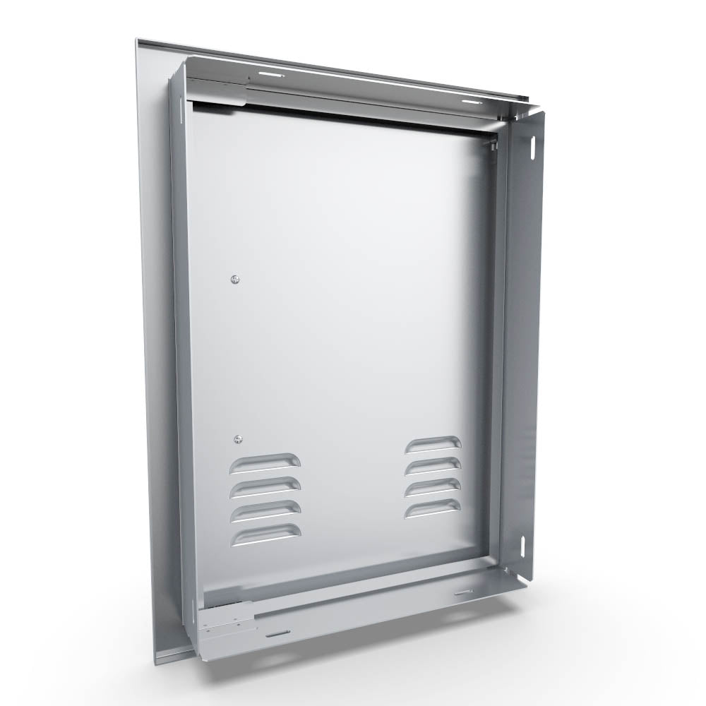 Sunstone Signature Beveled 17" x 24" Beveled Frame Left Swing Vertical Vented Door - BA-VDVL1724 - Interior view of a stainless steel vented vertical door frame.