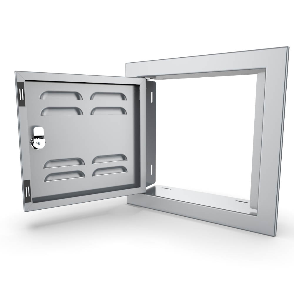 Sunstone Signature Series 12" x 12" Utility Access Door Vented - BA-VSDL12 - Open vented utility access door showing interior.