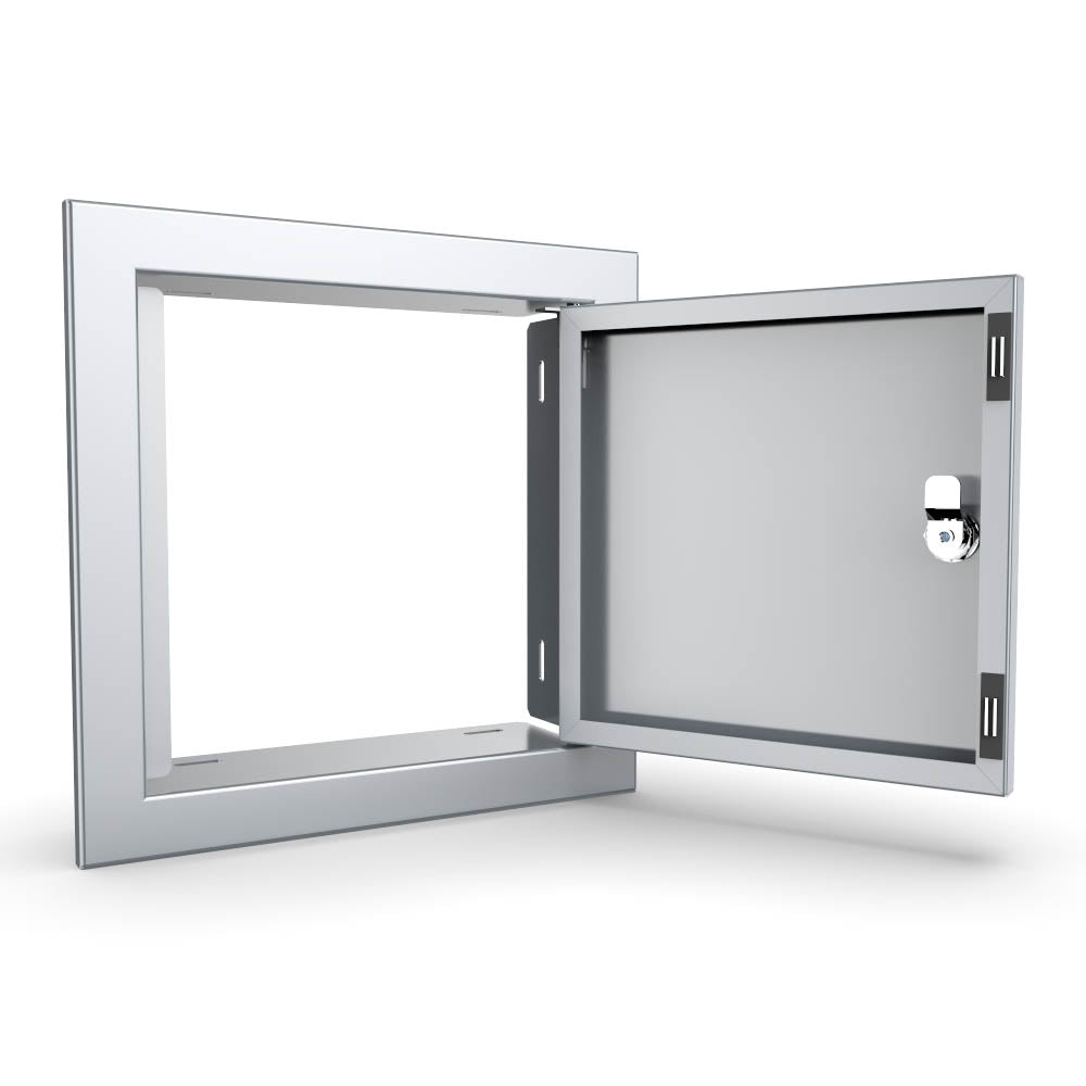 Sunstone Signature Series Beveled Style 12" x 12" Utility Access Door - BA-SD12 - Open stainless steel utility access door showing interior.