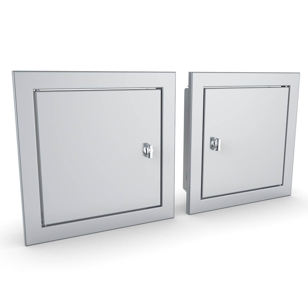 Sunstone Signature Series Beveled Style 12" x 12" Utility Access Door - BA-SD12 - Two stainless steel utility access doors side by side.