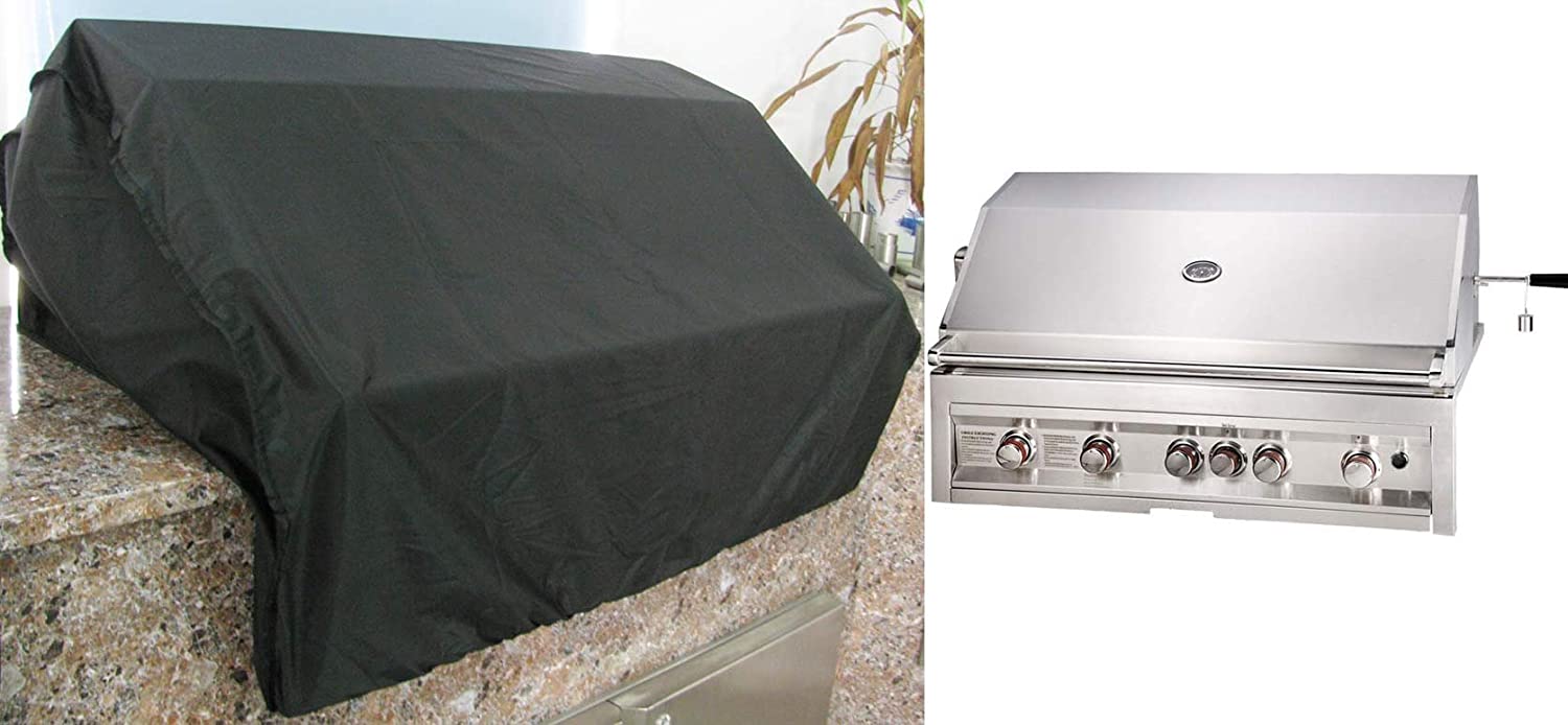 Sunstone Weather-Proof Grill Cover for 5 Burner Gas Grill - 42" - G-Cover5B - Black grill cover and uncovered stainless steel grill.