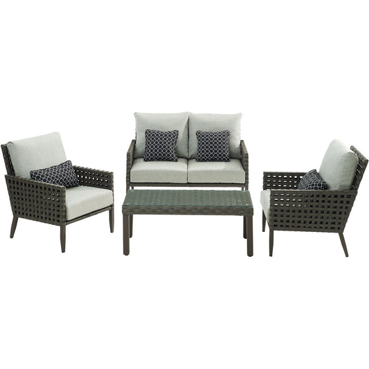 Hanover Archer 4pc Seating Set Loveseat 2 Side Chairs Woven-Glass Coffee Table - M&K Grills