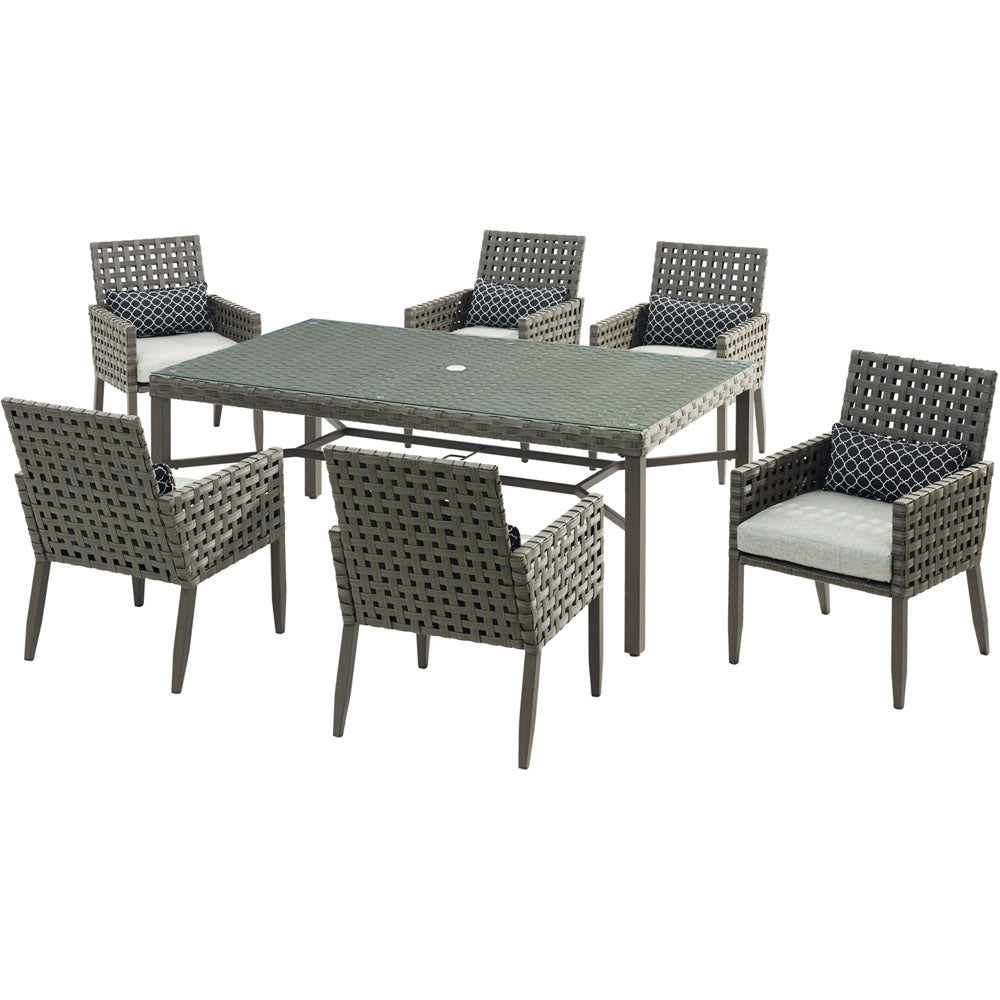 Hanover Archer 7pc Dining Set 6 Woven Dining Chairs 42x72-Inch Dining Table - M&K Grills