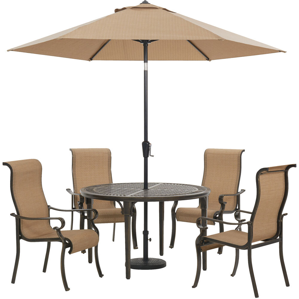 hanover-brigantine-5-piece-4-sling-dining-chairs-50-inch-round-cast-table-umbrella-and-base-brigdn5pcrd-su
