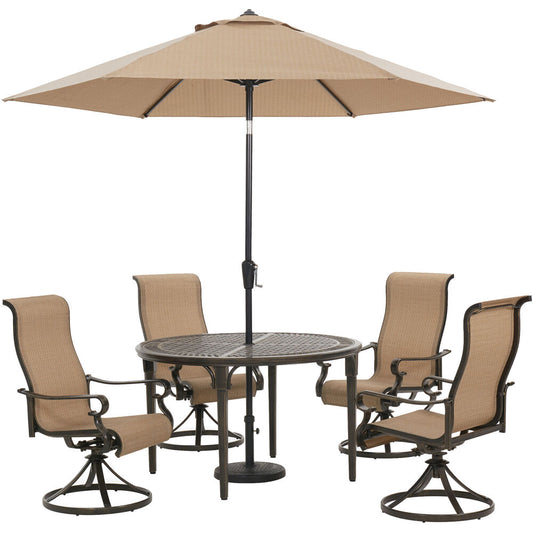 hanover-brigantine-5-piece-4-sling-swivel-chairs-50-inch-round-cast-table-umbrella-and-base-brigdn5pcswrd-su