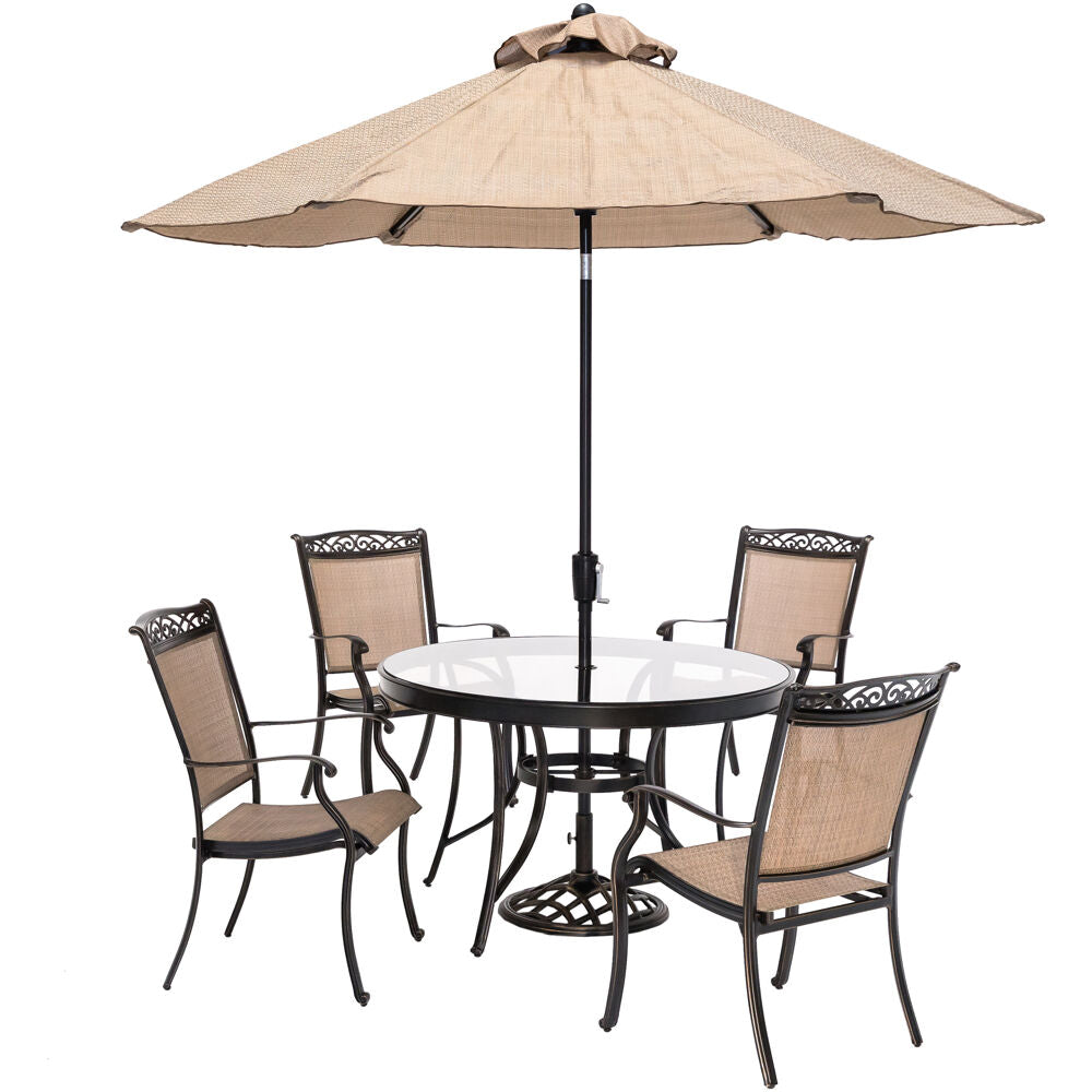 hanover-fontana-5-piece-4-sling-dining-chairs-48-inch-round-glass-top-table-umbrella-base-fntdn5pcg-su