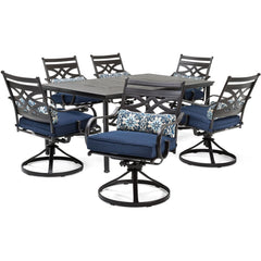 Hanover montclair 7 piece 6 swivel rockers 40x66 inch dining table MCLRDN7PCSQSW6-NVY