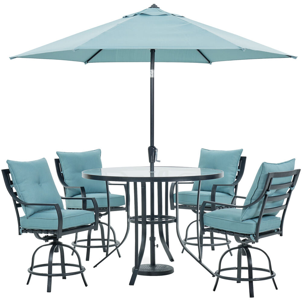 hanover-lavallette-5-piece-4-swivel-bar-chairs-bar-glass-table-umbrella-and-base-lavdn5pcbr-blu-su