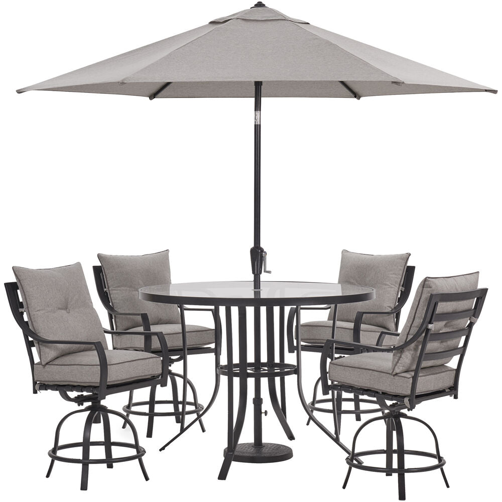 hanover-lavallette-5-piece-4-swivel-bar-chairs-bar-glass-table-umbrella-and-base-lavdn5pcbr-slv-su